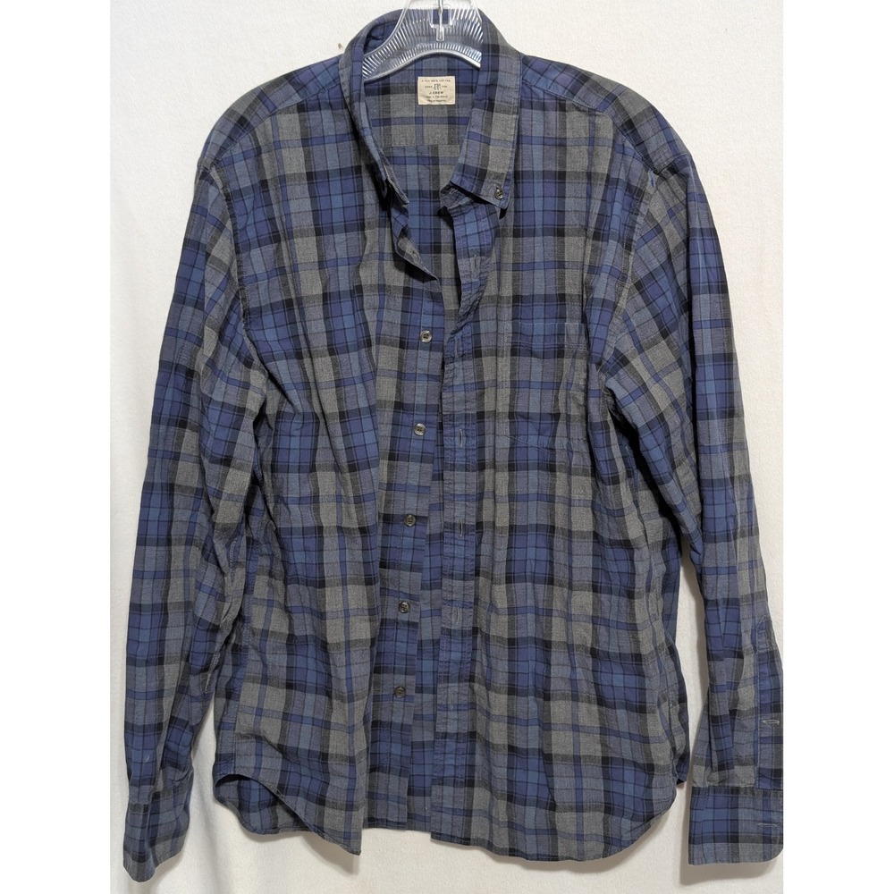 J.Crew Mens Blue Grey Plaid Button Down Shirt 2-Ply 100% Cotton Large L 16-16.5